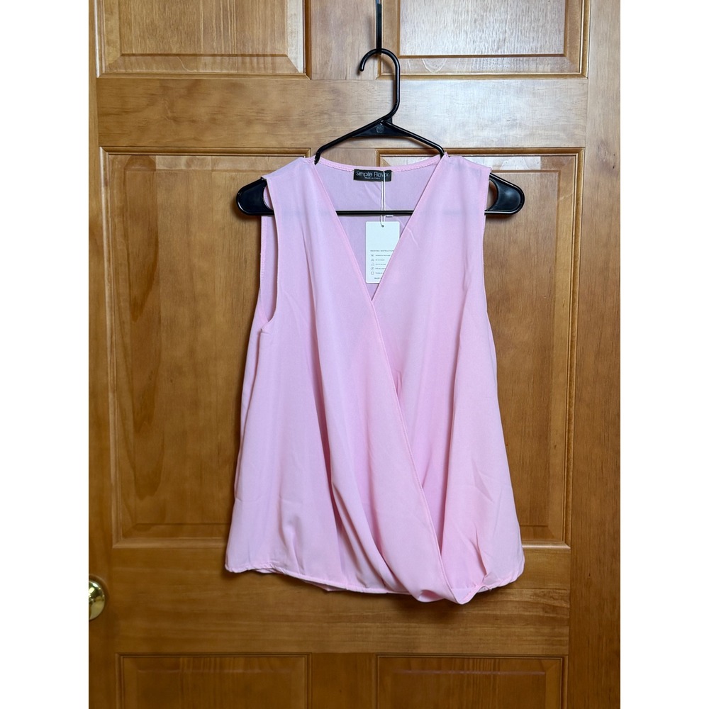 NWT Simple Flavor Womens Pink Sleeveless Wrap Front V-Neck Chiffon Blouse Medium